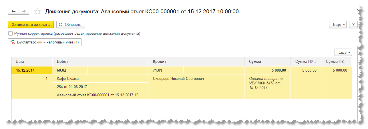 Смотрим движение документа: Авансовый отчет